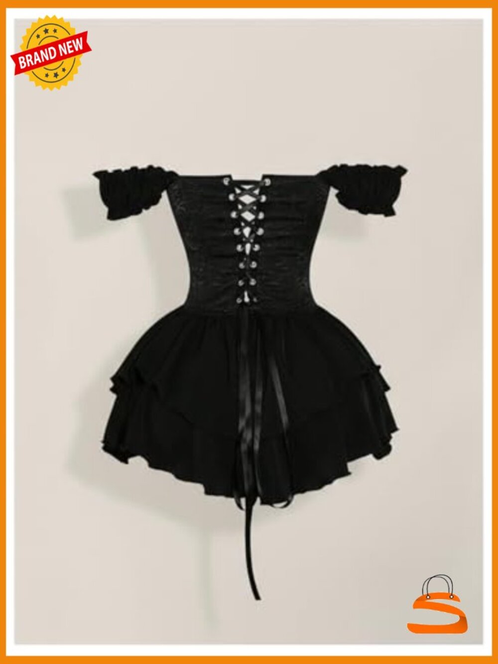Off Shoulder Corset Dress Ruffle Hem Lace Up Mini Dress Gothic Lolita - Picture 3 of 5